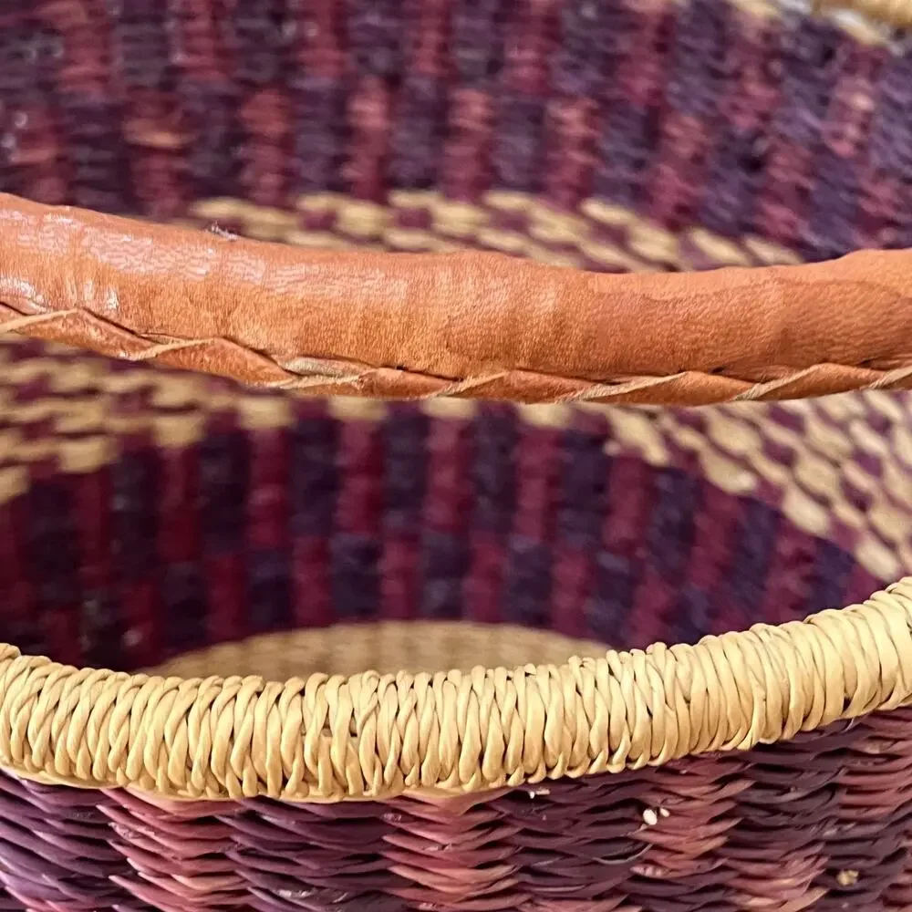 African Hand Woven Bolga Ghana Market Bucket Basket With Leather Wrap Handle